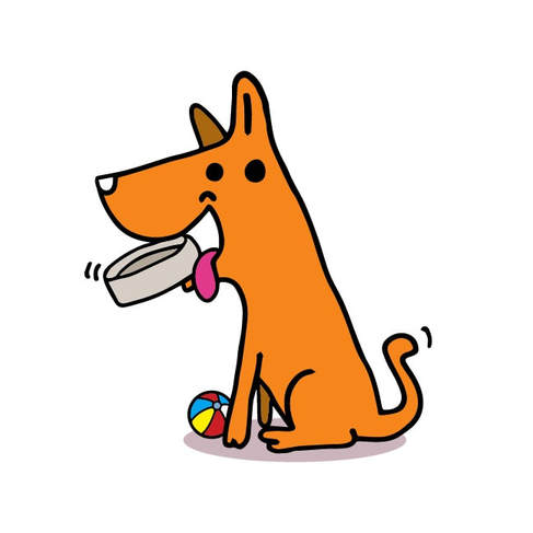 Cute cartoon dog holding dog food dish in his mouth